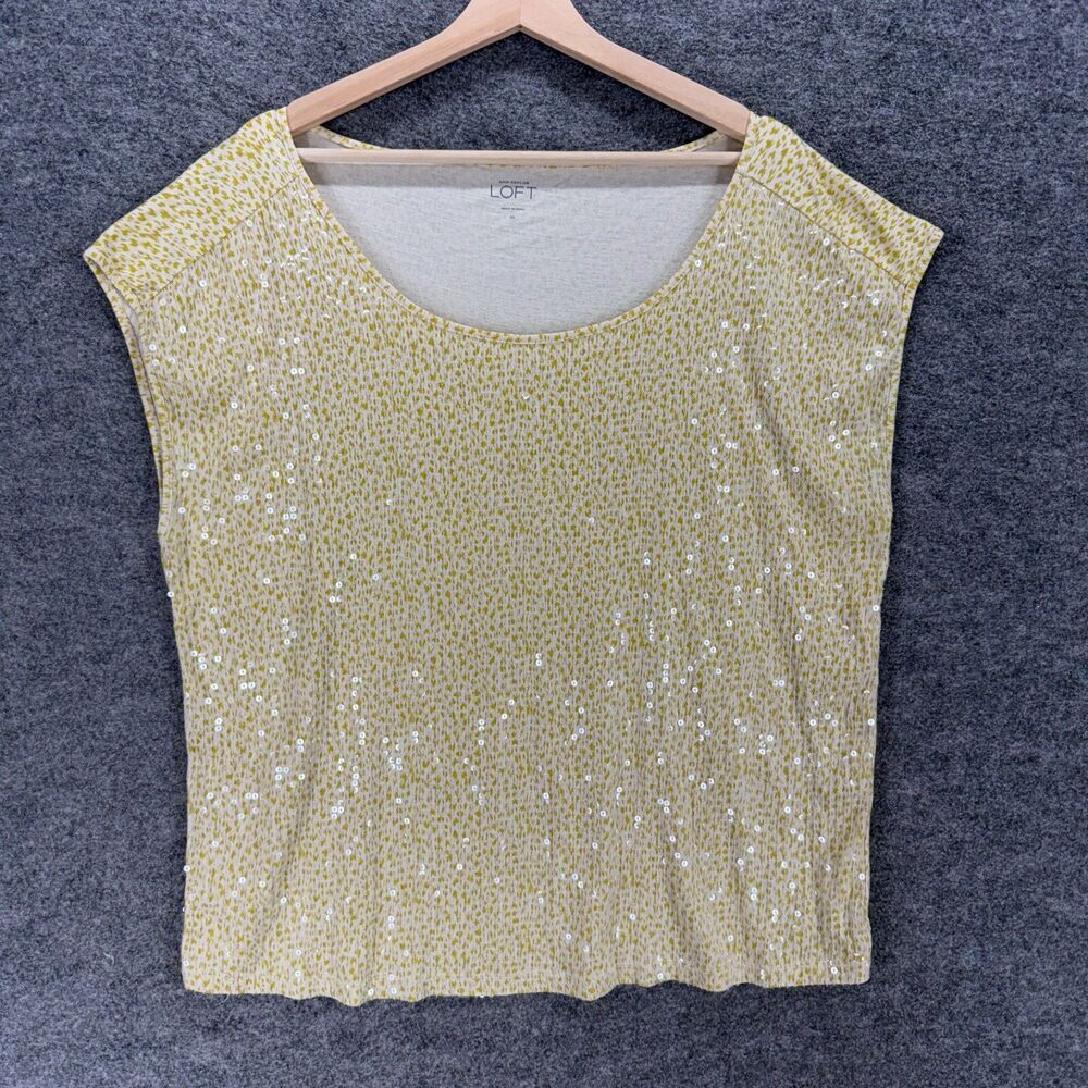 Loft Blouse Women XL Yellow Sequin Sleeveless Wide Strap Cotton Round Neck
